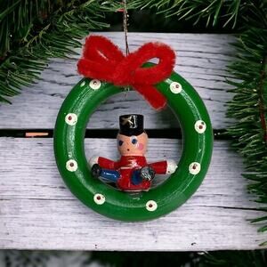 Vintage Wooden Wreath with Toy Soldier Christmas Ornament